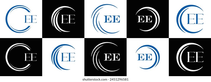 EE logo. E E design. White EE letter. EE, E E letter logo design. Initial letter EE linked circle uppercase monogram logo.