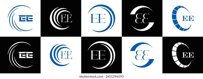 EE logo. E E design. White EE letter. EE, E E letter logo design. Initial letter EE linked circle uppercase monogram logo.