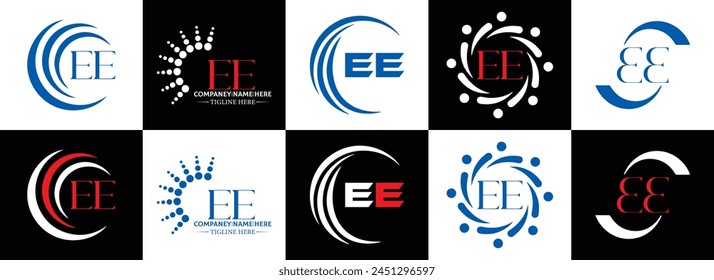 EE logo. E E design. White EE letter. EE, E E letter logo design. Initial letter EE linked circle uppercase monogram logo.