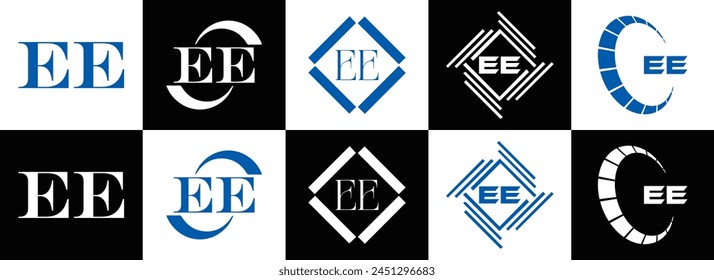 EE logo. E E design. White EE letter. EE, E E letter logo design. Initial letter EE linked circle uppercase monogram logo.