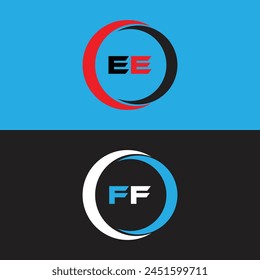 EE logo. E E design. White FF letter. FF EE letter logo design. Initial letter F F linked circle uppercase monogram logo.