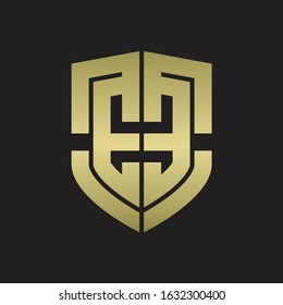 EE Logo monogram with emblem shield shape design isolated gold colors on black background