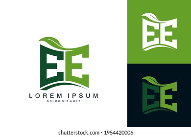 EE logo monogram with green leaf nature organic bio curved shape premium vector design template