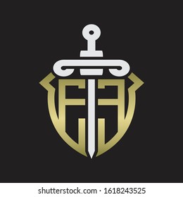 EE Logo monogram with sword and shield combination isolated with gold colors