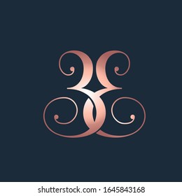 EE monogram logo.Elegant style typographic icon.Rose gold color lettering sign.Alphabet initials isolated on dark background.Luxury wedding letter e.Beauty characters with decorative swirls.