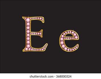 Ee in stunning rose quartz semi-precious round jewels set into a 2-level gold gradient channel setting, isolated on black. Vector EPS-10 file, transparency used. 