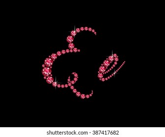 Ee in stunning Ruby Script precious round jewels, isolated on black. Vector EPS-10 file, transparency used. 