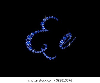 Ee in stunning Sapphire Script precious round jewels, isolated on black. Vector EPS-10 file, transparency used. 