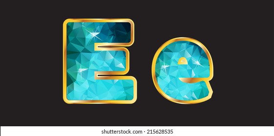 Ee in this series of letters made from 2 channels of gradient gold and a multi-layered teal aquamarine sparkling faceted interior. Vector EPS-10 file, transparency used.