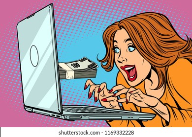 E-earnings concept. Woman at the computer. Freelance work. Comic cartoon pop art retro vector illustration drawing