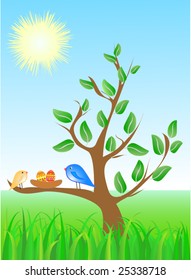 Eeaster abstract vector background with tree, birds and eggs
