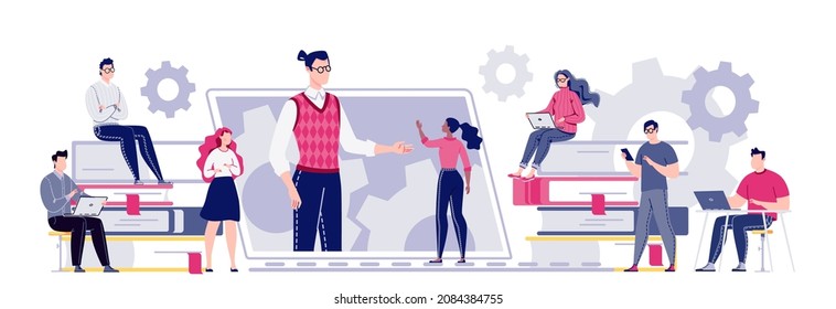 E-education concept. Online courses, video tutorials. Teacher is giving lecture from big screen. Students watch lessons on their gadgets. Cartoon flat illustrations.