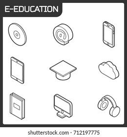 E-education outline isometric icons set