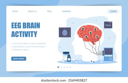 EEG concept. Landing page template. Brain activity. Electroencephalography. Neurology disease diagnostics. Vector illustration in flat cartoon style.