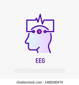 EEG: Human Head With Electrodes Thin Line Icon. Medical Research. Diagnostic Of Brain Activity. Modern Vector Illustration.