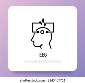 EEG: cabeza humana con ícono de línea delgada de electrodos. Investigación médica. Diagnóstico de la actividad cerebral. Ilustración vectorial moderna.