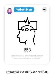 EEG: human head with electrodes thin line icon. Medical research. Diagnostic of brain activity. Modern vector illustration.