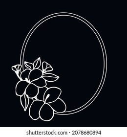 Eegant oval frame with hibiscus for greeting cards, invitations and covers. Vector isolated illustration in black and white.
