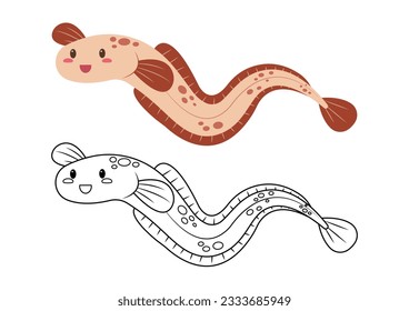 Eel cute vector illustration cartoon isolated on white background. Eel vector colored and colorless. Cute coloring page for kids. 