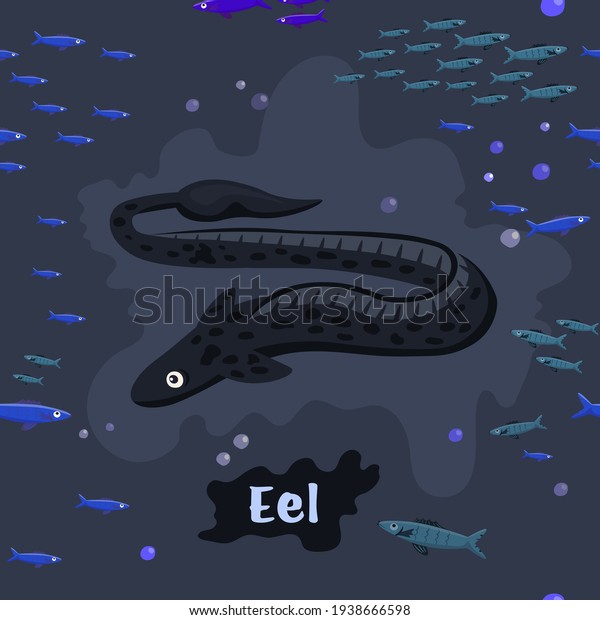 Eel. Endangered fish species.
Threatened fish stocks. Save the ocean concept. Editable vector
illustration in dark colors. Colorful cartoon flat
style.