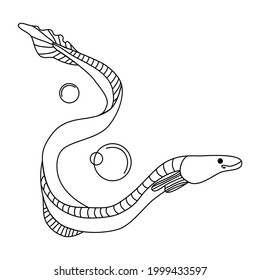 Eel fish. Contour drawing of a river eel. Cartoon sea character for children's coloring. Clipart for fish menu, restaurant, logo. Vector illustration, marine life. Isolated on white background. 