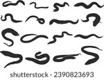 Eel fish silhouette, Moray eel fish silhouette, European eel silhouette, Eel fish vector.