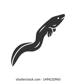 Icono de glifo de anguila. Pescado flotante parecido a un niebla. Animales submarinos. Marisco asiático, ingrediente de sushi. Criaturas serpientes nadando en el océano. Símbolo de silueta. Espacio negativo. Ilustración aislada de vectores