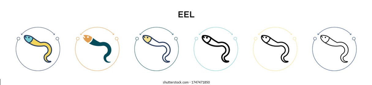 Eel icon in filled, thin line, outline and stroke style. Vector illustration of two colored and black eel vector icons designs can be used for mobile, ui, web