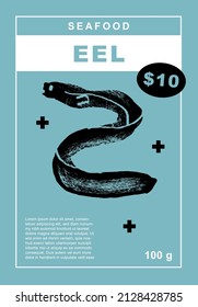 Eel. Set of posters of fishes and seafood in a abstract draw design. Label or poster, price tag. Simple, flat design. Patterns and backgrounds. Perfect for poster, cover, banner.