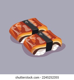 Eel sushi nigiri on white background. Unagi nigiri. Traditional Japanese food. Vector clipart.