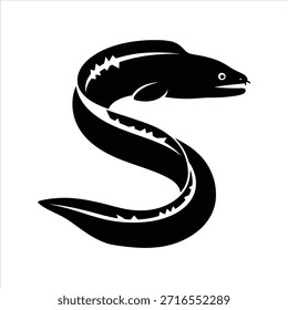 Ilustración negra de la silueta del Vector de anguila. Elemento de vida marina para el diseño. Océano blanco y negro o animal marino aislado sobre fondo blanco. Vista lateral de anguila exótica.