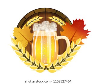 Eemblem  Beer Festival Oktoberfest in Germany for poster or banner with with fresh lager beer, barrel and maple leafs. Vector illustration.