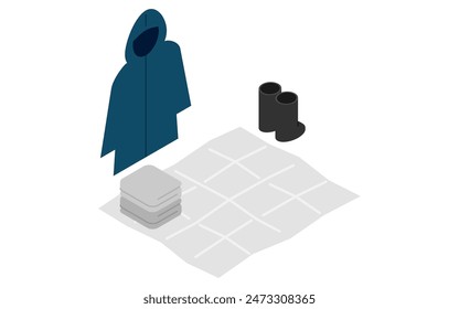 Eemergency kit of Rain gear (raincoat and boots), towel and sheet, simple isometric illustration, Vector Illustration