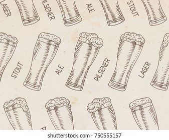 eer featured seamless pattern. Beautiful illustration of stout, ale, light and lager beer