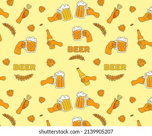eer seamless pattern. Background elements of beer glasses, bottles, mugs and hands. Useful for brewery, festival, bar, pub advertising or menu. 