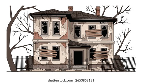 Casa estranha abandonada com janelas embarcadas e árvores mortas evoca um sentimento de desolação e mistério