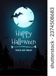 Eerie atmosphere of Happy Halloween vector banner illustration. A spooky moonlit night featuring a haunting tree, bats, and a full moon. Perfect for party invitations and posters. Not AI generated.