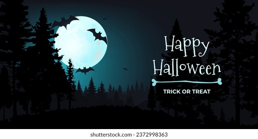 Eerie atmosphere of Happy Halloween vector banner illustration. A spooky moonlit night featuring a haunting forest, bats, and a full moon. Perfect for party invitations and posters. Not AI generated.