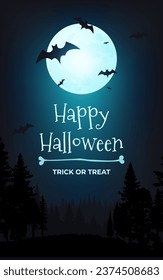 Eerie atmosphere of Happy Halloween vector banner illustration. A spooky moonlit night featuring a haunting tree, bats, and a full moon. Perfect for party invitations and posters. Not AI generated.