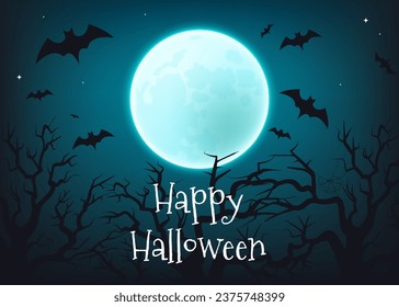 Eerie atmosphere of Happy Halloween vector illustration. A spooky moonlit night featuring a haunting tree, bats, and a full moon. Perfect for party invitations and posters. Not AI generated.