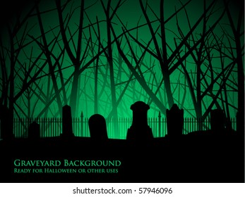 Eerie background of tombstones against an ancient forest