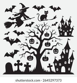 Eerie collection of Halloween themed silhouettes with witch tombstone bat and haunted tree design