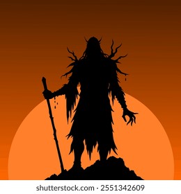 Eerie creature vector silhouette body with staff backlit by the sun