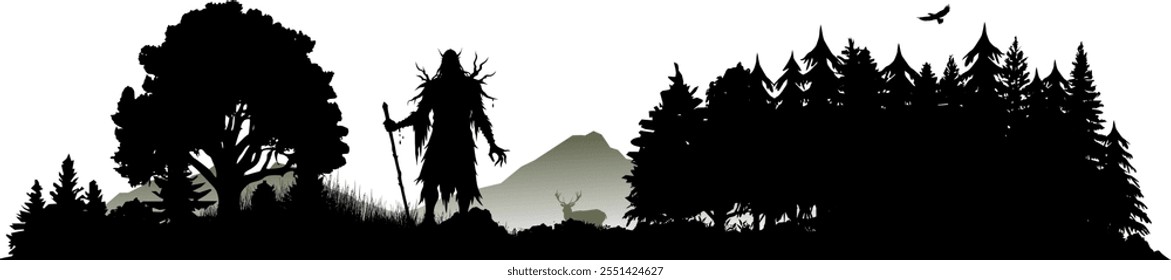 Eerie creature vector silhouette body with stick in nature - Mystical landscape with deer