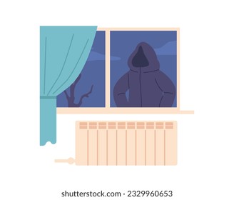 Eerie Dark Window Frames With Mysterious Figure Lurking Behind, Evoking A Sense Of Suspense And Unease, Illustration