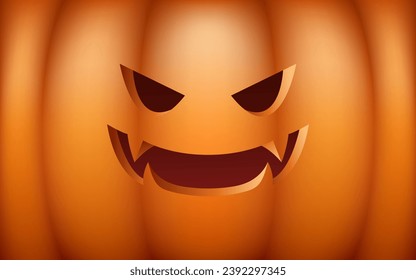 An eerie and festive Halloween illustration featuring a pumpkin with a sinister face against a orange background. Not AI generated.
