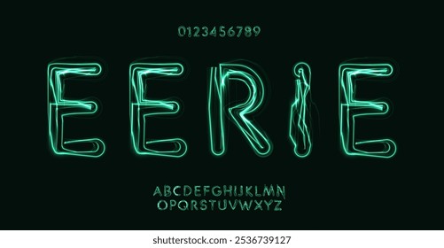 Eerie glowing alphabet, lightning twisted letters, luminous neon font for ghostly atmospheric headline, creepy electrifying style logos, unsettling Halloween lettering. Vector typeset.