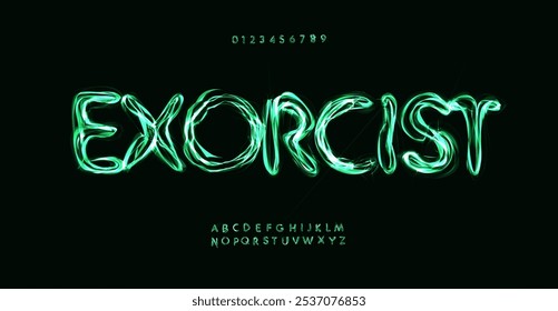 Eerie glowing font, supernatural letters style, ghostly green glow alphabet for dramatic Halloween headline, paranormal lettering, mysterious horror typography. Spooky mystic typeface. Vector typeset.