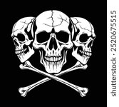 An eerie and gothic-themed vector illustration with three skulls and crossbones set against a dark purple backdrop. This design is perfect for Halloween, pirate-themed graphics, or any spooky occasion