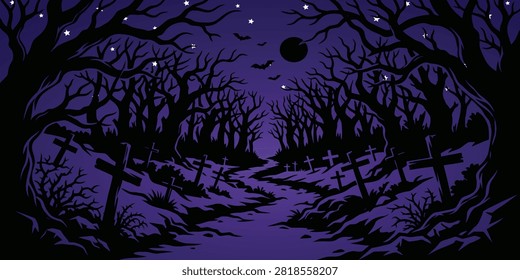 Eerie graveyard path with leafless trees under dark night sky, halloween